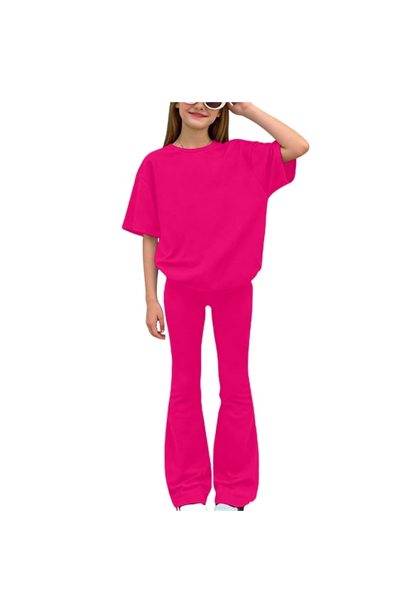 Girls Hot Pink Matching Set, 2 Piece Outfit with Oversized Tee & Flare Leggings, Comfy Play & Lounge Clothes for Tweens, Sizes 6-14,Size 11-12T