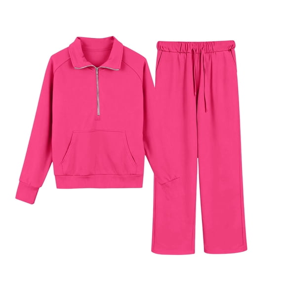 Girls Hot Pink Matching Set, 2-Piece Quarter Zip Pullover & Wide Leg Pants, Soft Cozy Loungewear Sweatsuit for Kids Ages 4-14,Size 13-14T
