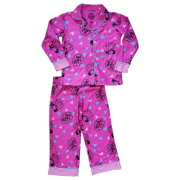 Girls Hot Pink Pug Dog Puppy Hearts I Ruff You 2 Piece Flannel Pajama PJ Set 4