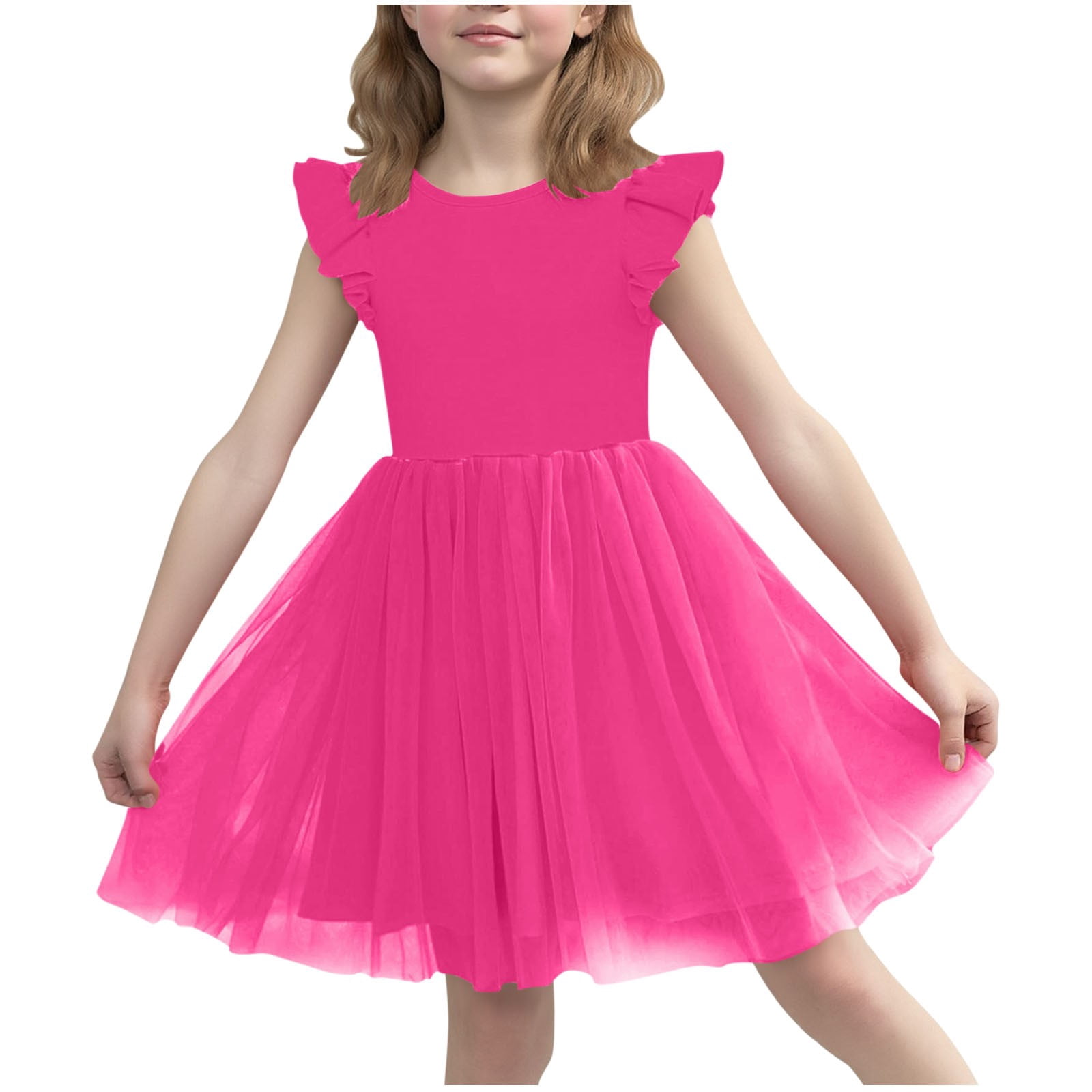 Girls Hot Pink Tulle Dress Ruffle Sleeve Stretchy Fit Flowy Birthday ...