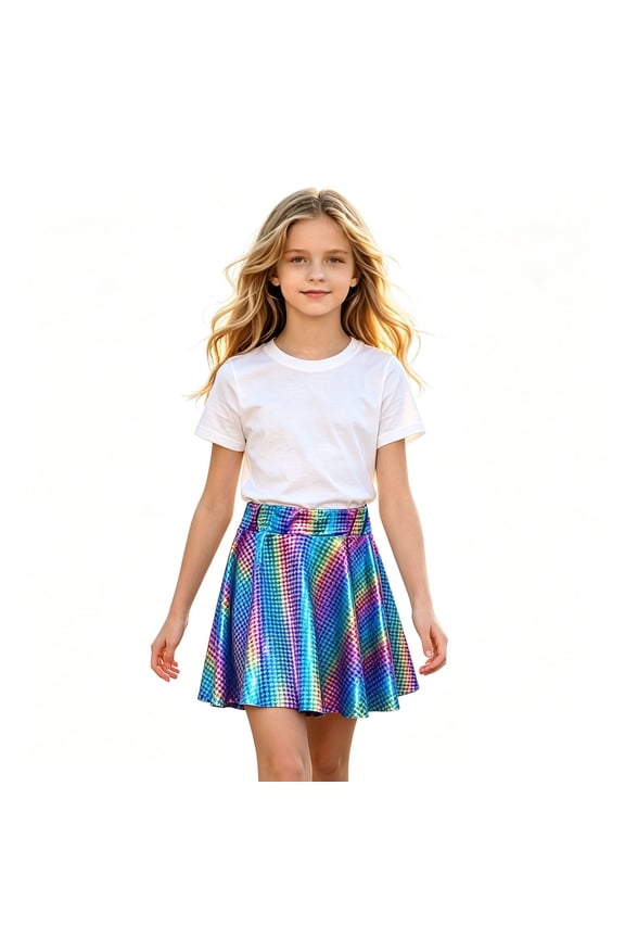 Girls Houndstooth Sequin Skirt Dance Dress, Elastic Waist Shiny Flared Skater Skort Kids Performance for Back to School Daily Party(Blue,XS)
