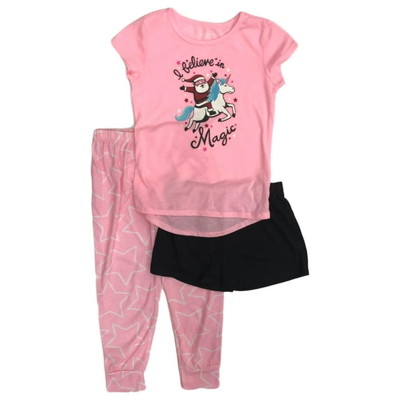 Girls I Believe In Magic Pajamas 3pc Santa & Unicorn Holiday Sleep Set M(10-12)