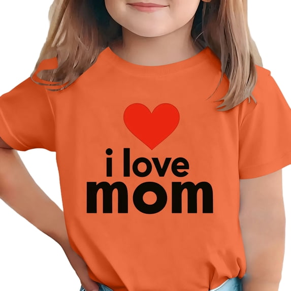 Girls I Love Mom Heart Graphic T-Shirt Polyester Spandex Relaxed Fit Crewneck Short Sleeve Orange,Size 7-8T