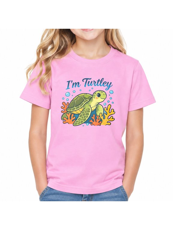 Girls I'm Turtley Turtle Coral Graphic T Shirt, Cotton Short Sleeve Kids Tees Children Soft Tops