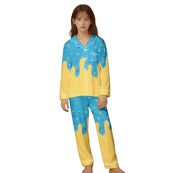 Girls Ice Cream Print Pajama Set Long Sleeve Top and Loose Pants Soft Sleepwear for Kids Homewear Outfit