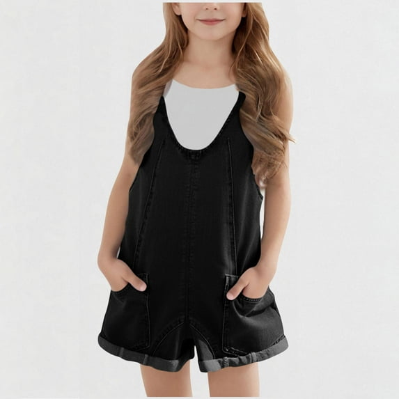 Girls Imitation Denim Overall Shorts Kids Summer Adjustable Straps Jumpsuits Jeans Shortalls 5-14 Years
