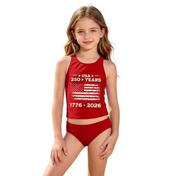 Girls' Independence Day Beach Tankini, USA 250 Years Print Two Piece Bathing Suit for Kids 4-16Y