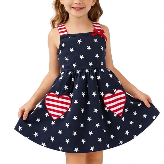 Girls Independence Day Dress Square Neck Bow Shoulder A-Line Flowy 4th of July Outfit for 3-4 Years, Blue Heart