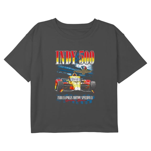 Girls Indy 500 Distressed Red and Yellow Racing Car T Shirt