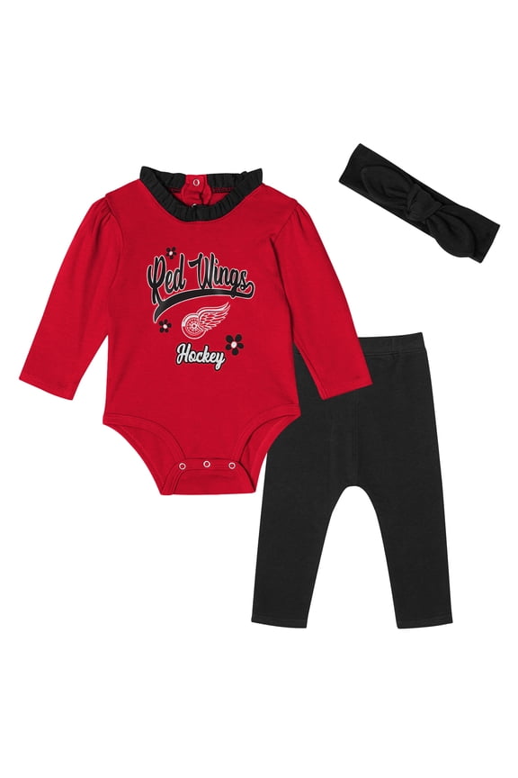 Girls Infant Detroit Red Wings 3-Piece Rink Queen Long Sleeve Bodysuit, Pants & Headband Set