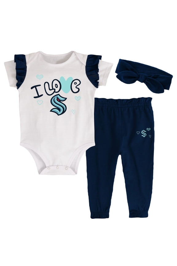 Girls Infant White/Deep Sea Blue Seattle Kraken I Love Hockey Bodysuit Pants & Headband Set