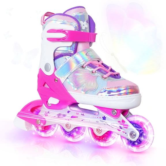 Girls Inline Skates for Kids Boys, 4 Sizes Adjustable Butterfly Blades Skates with All Light up Wheels Rosy