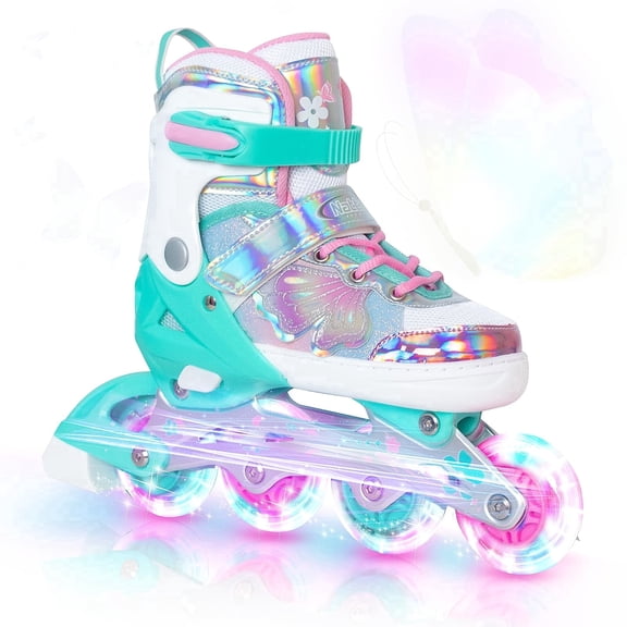 Girls Inline Skates for Kids Boys, 4 Sizes Adjustable Butterfly Blades Skates with All Light up Wheels Teal