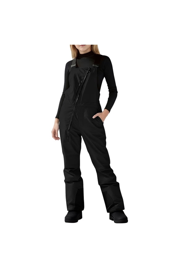 Girls Insulated Ski Overalls, Kids Adjustable Strap Snow Pants with Multiple Pockets, Waterproof Snowsuit for Snowboarding and Winter Play, Age 4-13 Years Black 150