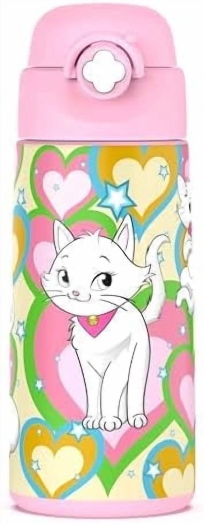 Girls Insulated Water Bottle with Covered Pop-Up Straw,16 oz Kids Cups with Stainless Steel Leak Proof for School Pink（Cat）