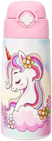Girls Insulated Water Bottle with Covered Pop-Up Straw,16 oz Kids Cups with Stainless Steel Leak Proof for School Pink（Unicorn）