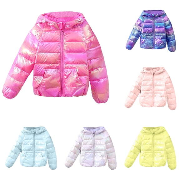 Girls Iridescent Shiny Hooded Puffer Jacket With Zip Up Front And Warm Insulation For Winter Outerwear Coat 5-6 Years Fall Fashion Clothes
