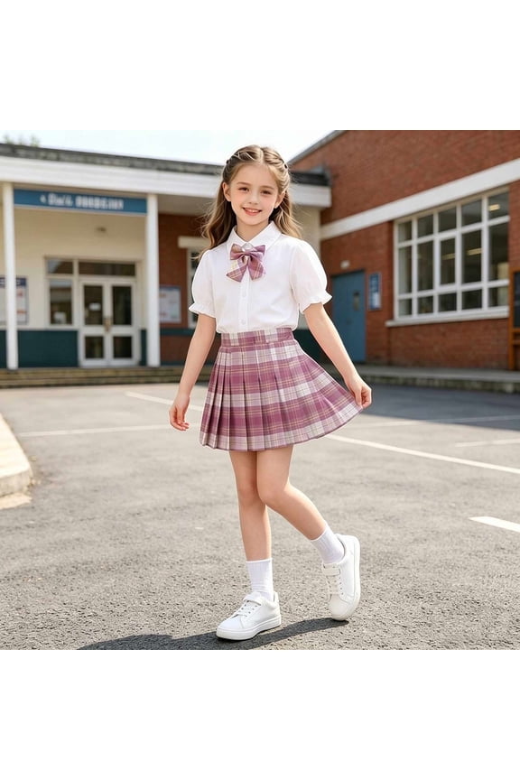 Girls' JK School Uniform Outfit Cute 2 Piece Set with Bow Tie Shirt and Pleated Skirt,3T-13Y Pink 9-10 Years