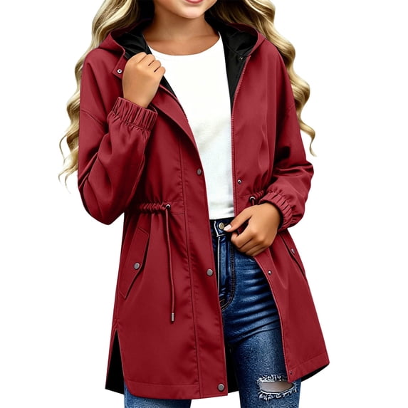 Girls' Jacket,Kids Mid-Length Slightly Waterproof Windproof Solid Color Hooded Coat
