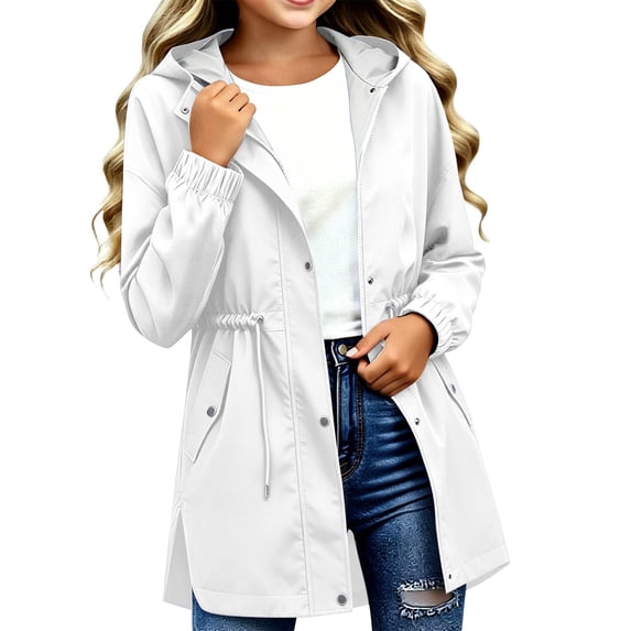 Girls' Jacket,Kids Mid-Length Slightly Waterproof Windproof Solid Color Hooded Coat