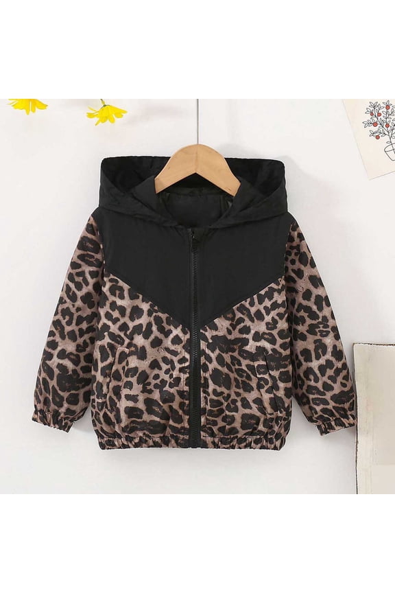Girls' Jackets Cozy Leopard Print Pocket Hooded Long Sleeve Zipper Jacket for Casual Wear Coffee 2 Years-3 Years