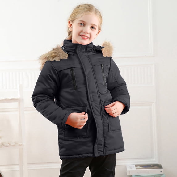 Girls Jackets DetachableCollar Thickened Cozy Pocket Zipper Hooded Long Sleeve Solid Print Jacket for Cold Weather Black 3 Years-4 Years