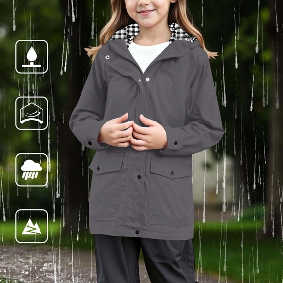 Girls' Jackets Long Style Pocket Solid Print Buttons Zipper Hooded Long Sleeve Jacket for Winter Wear Grey 5 Years-6 Years