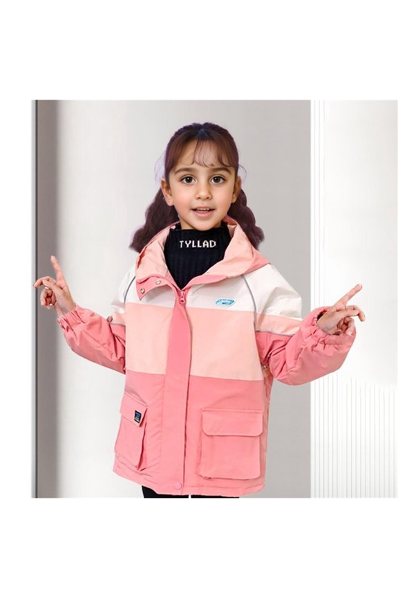 Girls' Jackets Thickened Windproof Pocket Zipper Hooded Long Sleeve Patchwork Print Storm Suit for Sporty Wear Pink 4 Years-5 Years