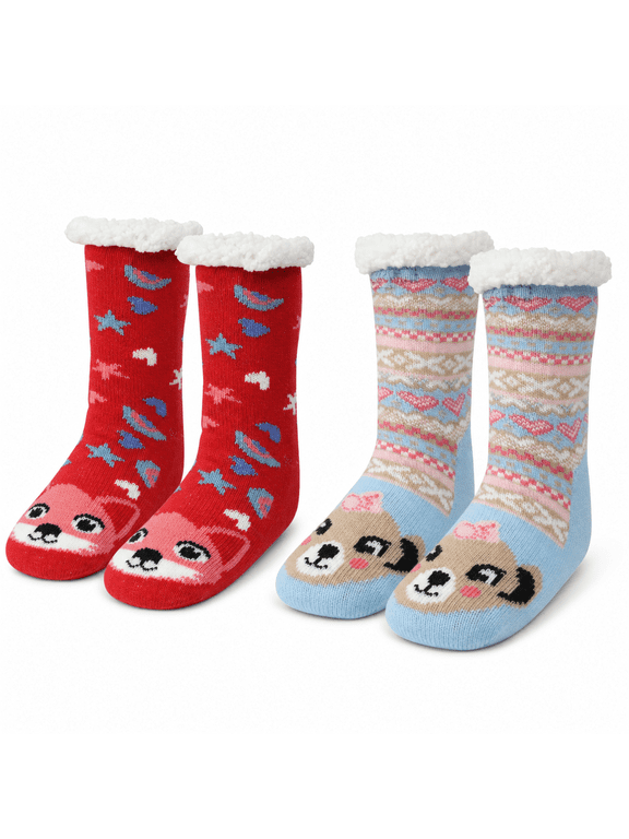 Girls Socks, Jacquard Knit Character Cabin Kids Crew Socks for Girls, Blue/Pink, S/M, 2 Pack