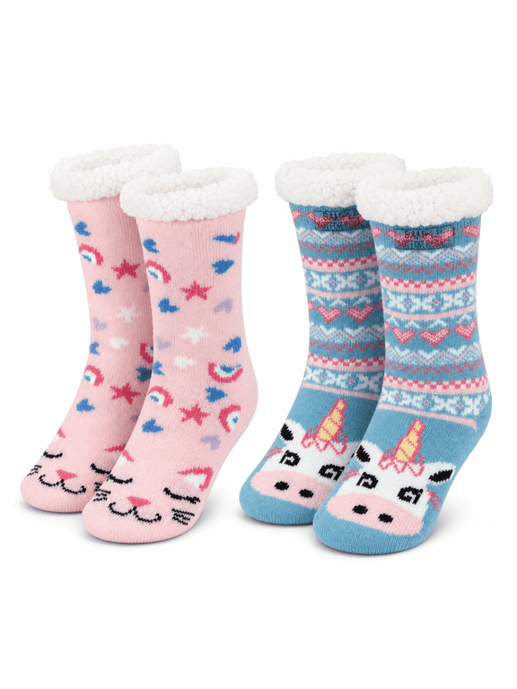Girls Socks, Jacquard Knit Character Cabin Kids Crew Socks for Girls, Pink/Blue, S/M, 2 Pack