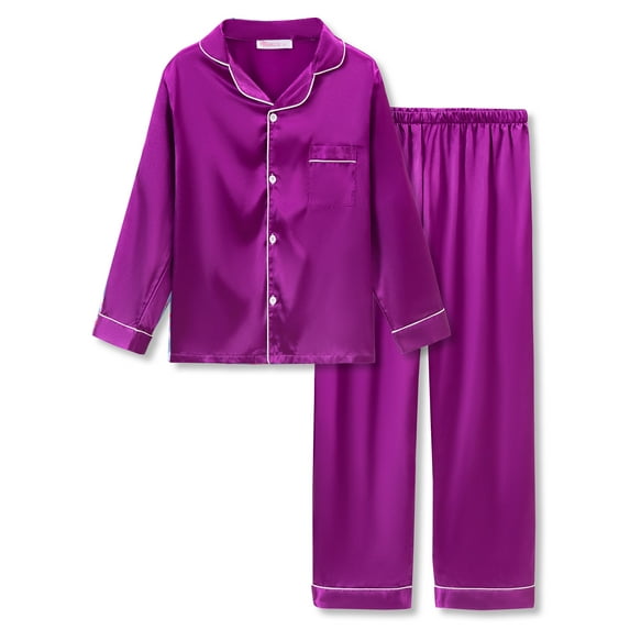 Girls Jammies Dark Magenta Button Down Long Sleeve & Pants Silky Cute Outfit PJ Set Size 10