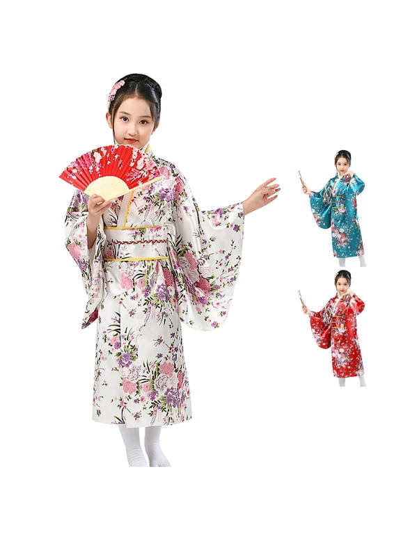 Girls Japanese Kimono Robe Traditional Yukata Dress for Cosplay and Performances
