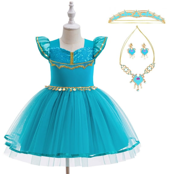 Girls Jasmine Princess Dress Halloween Fairy Costume w/Accessories Birthday Dress up for 4Y