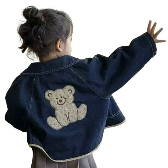 Girls Jean Jacket Girls Jeans Jacket Cartoon Embroidery Bear Lapel Loose Casual Denim Coat Girls Denim Jacket Navy 18 Months-24 Months