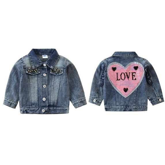 Girls Jean Jacket Toddler Girls Jeans Jacket Crop Haert Love Print Long Sleeve Denim Coat Girls Denim Jacket Blue 4 Years-5 Years