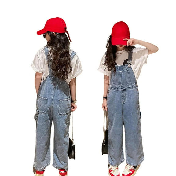 Girls Jean Overalls Jumpsuits Kids Casual Sleeveless Overalls Girls Wide Leg Jeans Girls Overalls with Pockets Clothes for 7-8 Years Old Girls