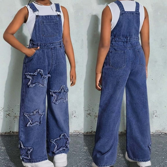 Girls Jean Overalls Jumpsuits Kids Casual Sleeveless Overalls Girls Wide Leg Jeans Pants Girls Loose Rompers with Pockets Tween Summer Clothes 9-10 Years