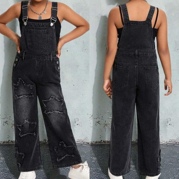 Girls Jean Overalls Jumpsuits Kids Casual Sleeveless Romper Girls Wide Leg Jeans Girls Loose Rompers with Pockets Clothes for Middle School Girls 9-10 Years