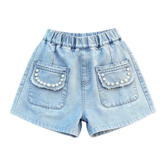 Girls Jean Shorts Elastic Waist Casual Fashion Button Denim Shorts Lightweight Loose Comfy Summer Breathable Shorts with Pocket