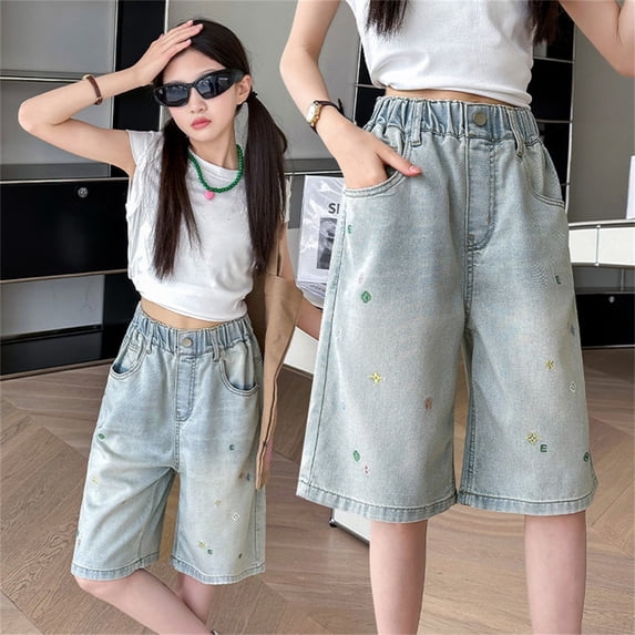 Girls Jean Shorts High Waist Straight Leg Causal Summer Dress Girl Shorts Size 5-6 Years