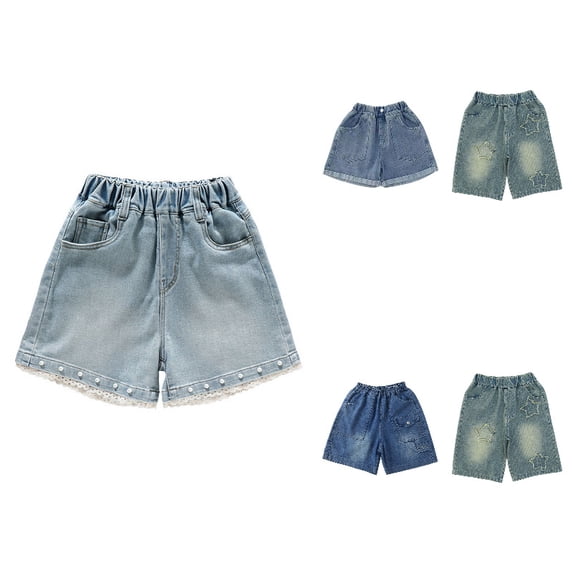 Girls Jean Shorts Kids Athletic Denim Shorts Summer High Waist Straight Leg Casual Uniform Shorts for Girl 5-6 Years