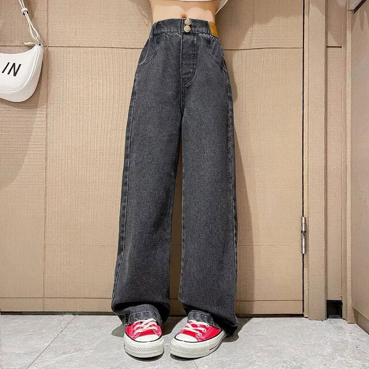 【Anyone more】Kid Washing Long Wide Autumn Denim Pants Girls Jeans Autumn Casual Loose Side Gradient Color Young
