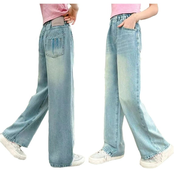 Girls Jeans Baggy Elastic High Waist Wide Leg Pants for Teen Girls Baggy Jeans for Girls