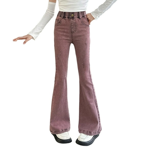 Girls Jeans Baggy Pants Flare/Skinny Teen Ripped Denim Tween Clothes Outfits Preppy Casual Kids,Color:Pink,Size:6-7 Years