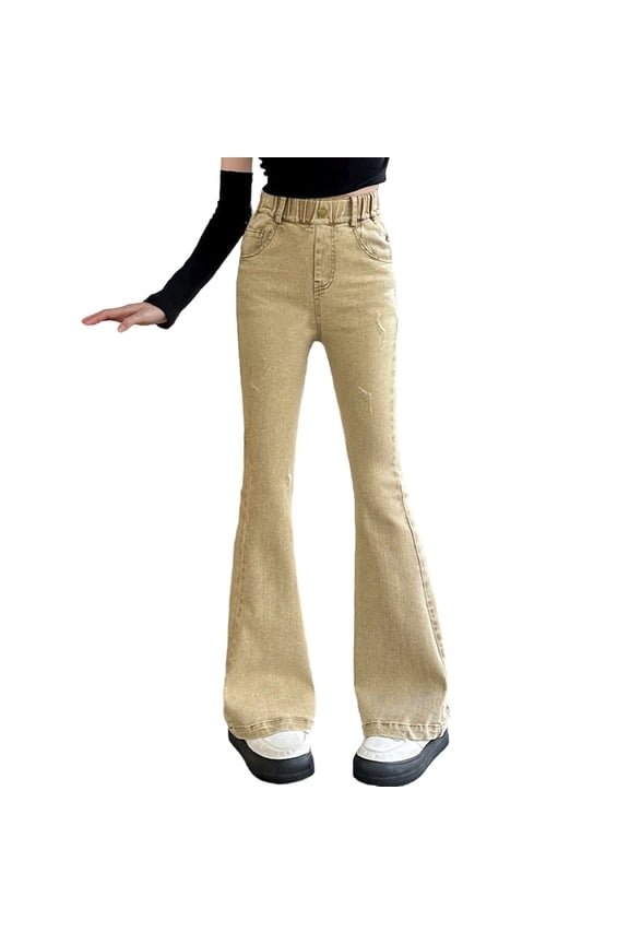 Girls Jeans Baggy Pants Flare/Skinny Teen Ripped Denim Tween Clothes Outfits Preppy Casual Kids,Color:Yellow,Size:5-6 Years