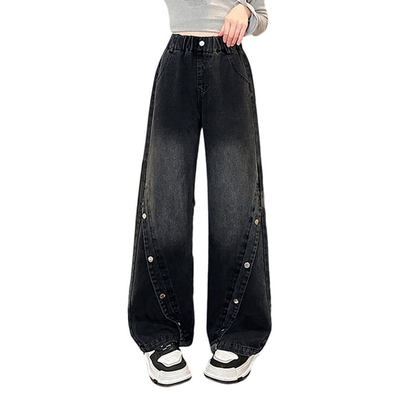 Girls Jeans Baggy Pants Wide Leg/Flare Denim Ripped Teen Clothes Tween Outfits Casual Straight Leg Jeans Kids 6-14Y Children's Fashion Back to School(Color:Black,Size:13-14 Years)