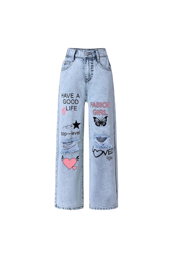 Girls Jeans Baggy Pants Wide Leg/Flare Denim Ripped Teen Clothes Tween Outfits Casual Straight Leg Jeans Kids 6-14Y Children's Fashion Back to School(Color:Light Blue,Size:10-11Years)