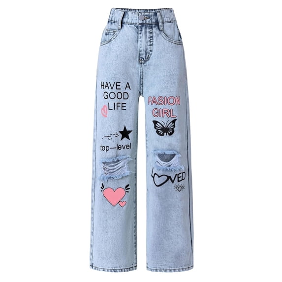 Girls Jeans Baggy Pants Wide Leg/Flare Denim Ripped Clothes Tween Outfits Casual Straight Leg Jeans Kids 6-14Y Children's Fashion Back to School(Color:Light Blue,Size:12-14 Years)
