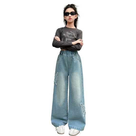 Girls Jeans Baggy Pants Wide Leg/Flare Denim Ripped Teen Clothes Tween Outfits Casual Straight Leg Jeans Kids 6-14Y Children's Fashion Back to School(Color:Blue,Size:8-9 Years)