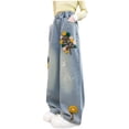 thumbnail image 1 of Girls Jeans Baggy Wide Leg Ripped Denim Pants Heart & Flower Print High Elastic Waisted Y2K Skater Outfits 8-12Y Baggy Jeans For Girls, 1 of 9